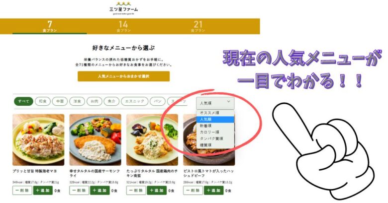三ツ星ファームのメニュー選択にはソート(並び替え)機能があります！！